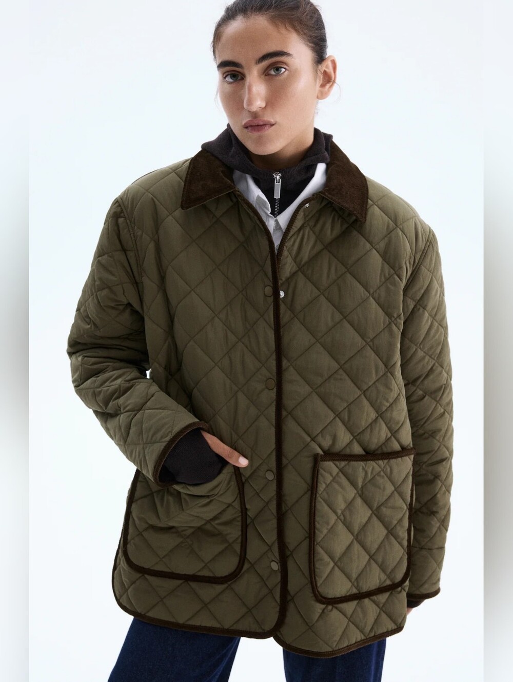 H&M Olive Green Quilted Jacket with Dark Brown Trim